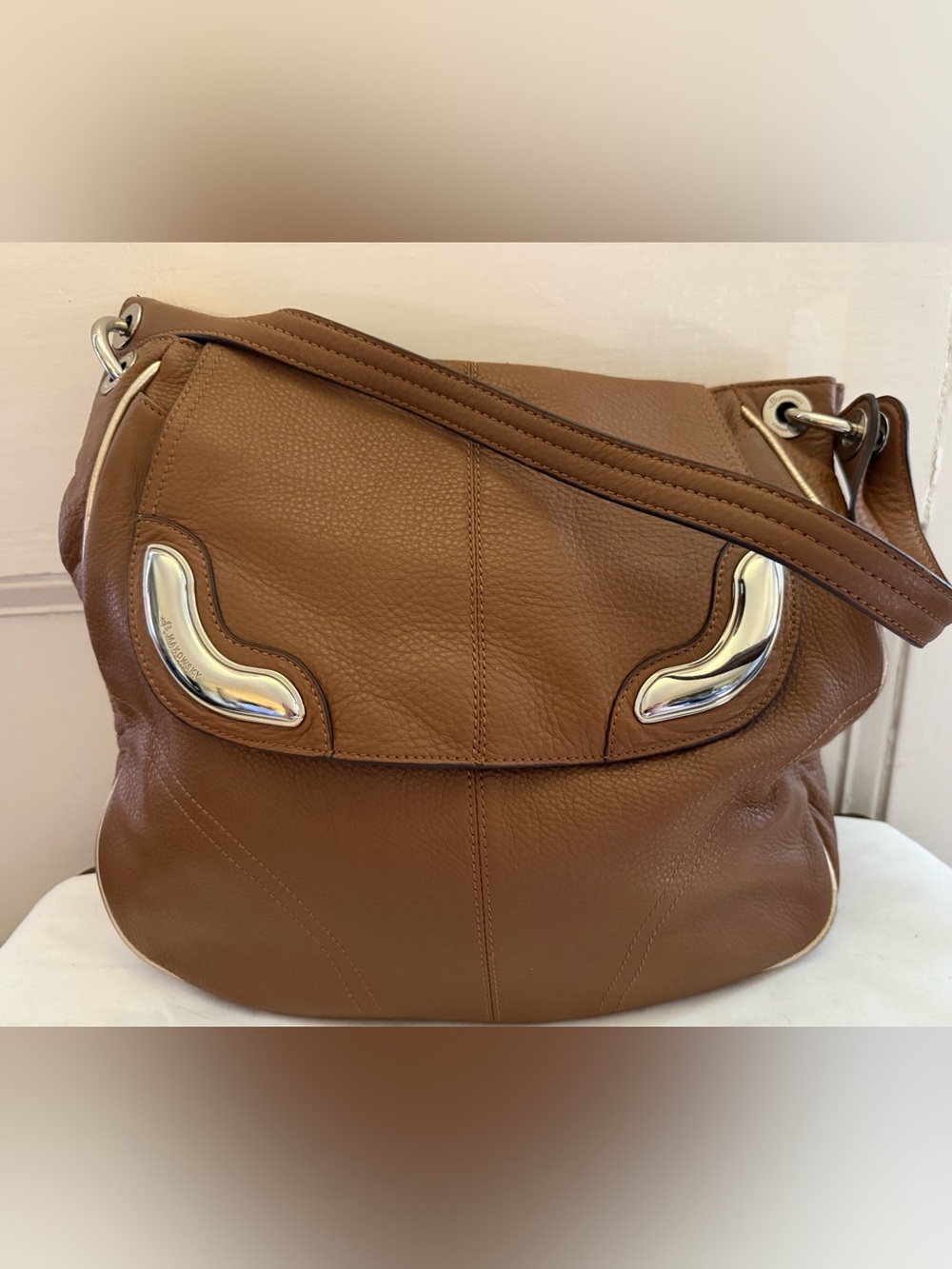 b. makowsky Brown Leather Shoulder Bag with Silver Accents